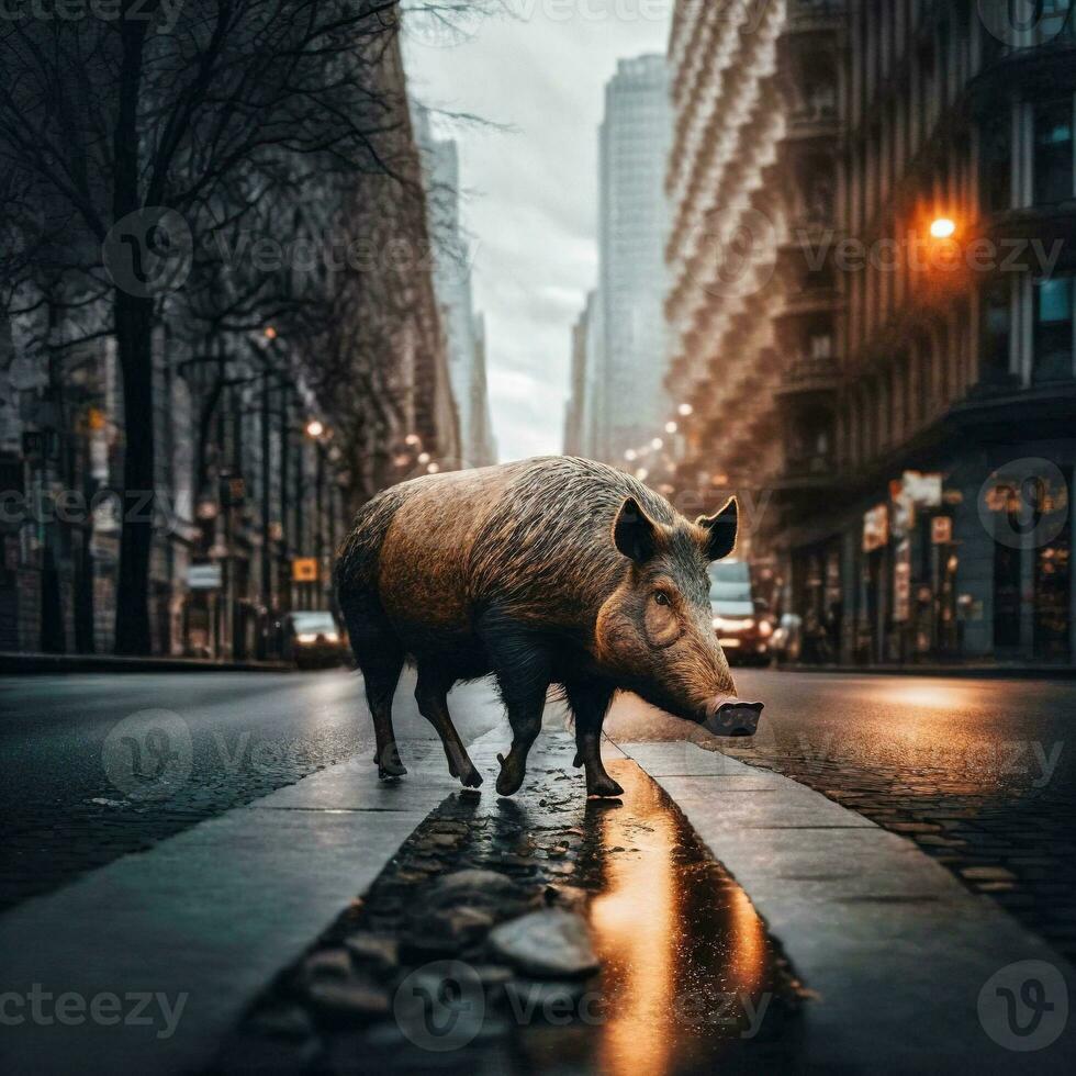Urban Encounter Boar in the City   generative ai photo