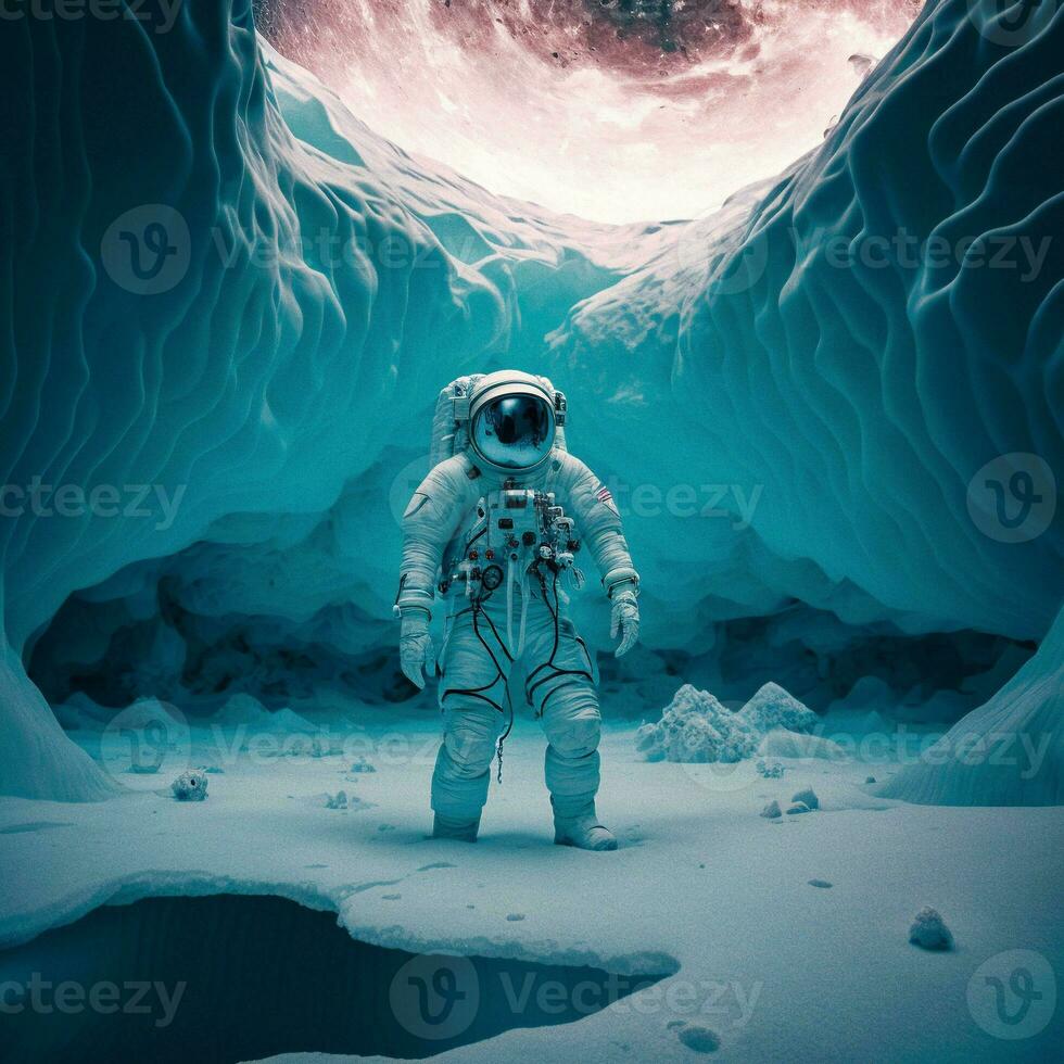 cósmico expedición cosmonauta en congelado planeta generativo ai foto