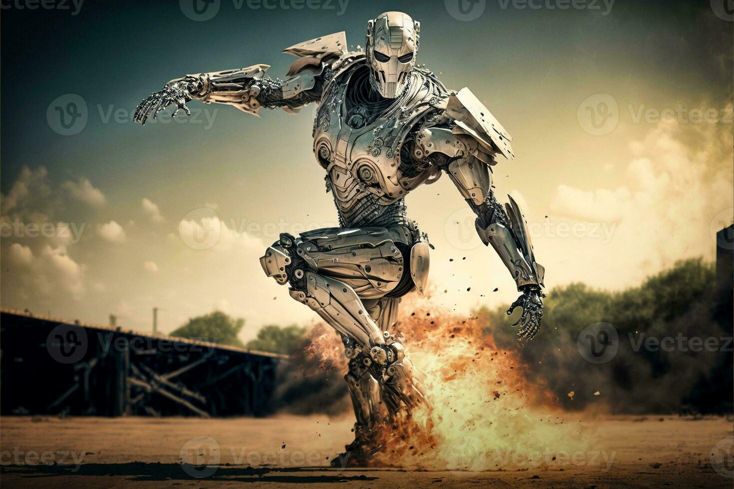 Retrofuturistic Cyborg WWI Soldier on the Battlefield   generative ai photo