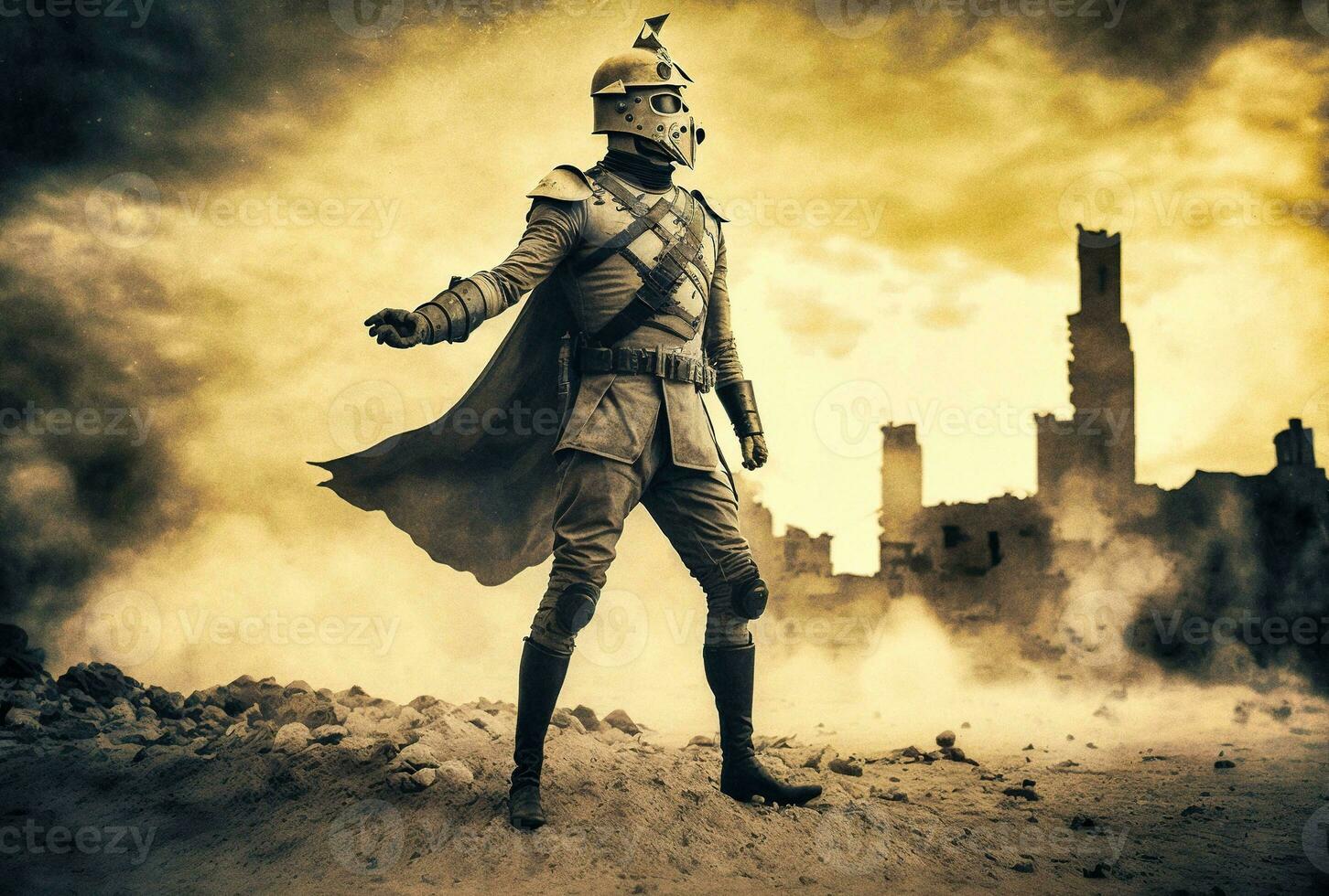 Retrofuturistic Cyborg WWI Soldier on the Battlefield   generative ai photo