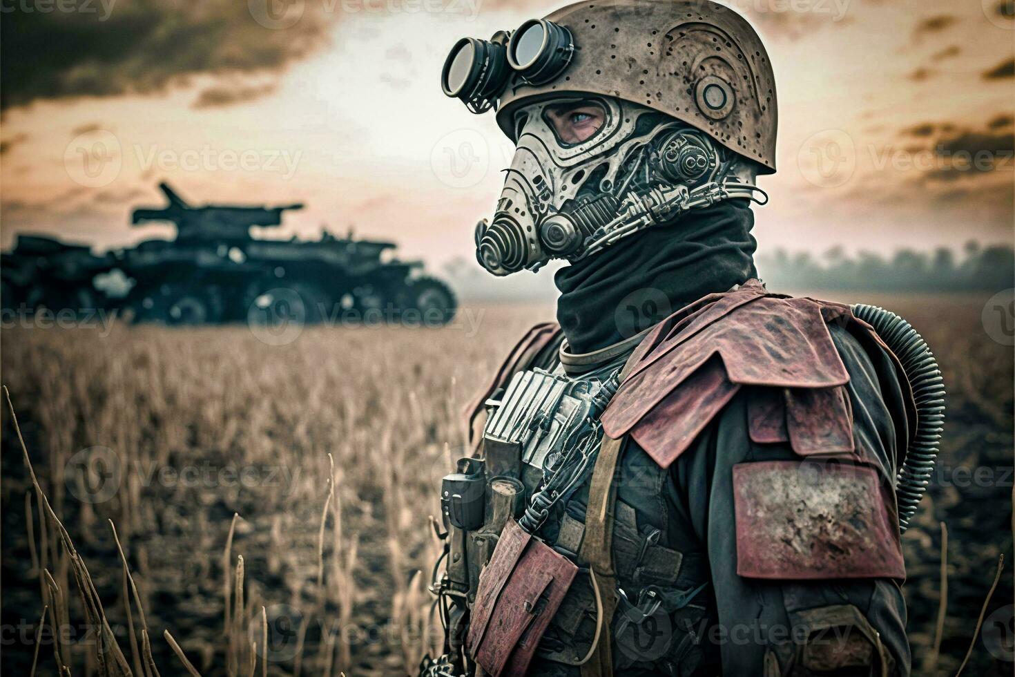 Retrofuturistic Cyborg WWI Soldier on the Battlefield   generative ai photo