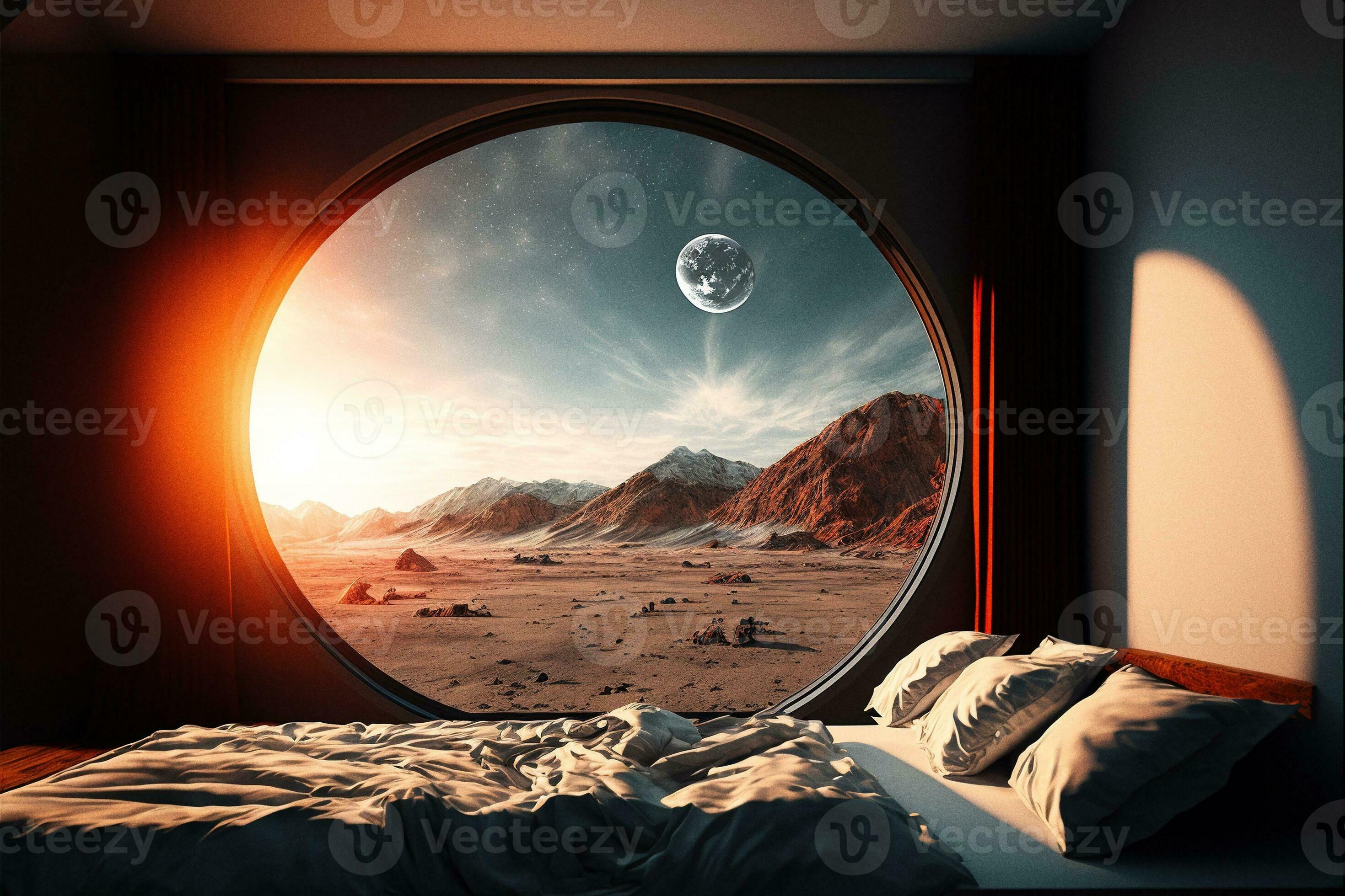 Bedroom with Round Window and View of Mars AI Generated Image 32431916 Stock Photo at Vecteezy