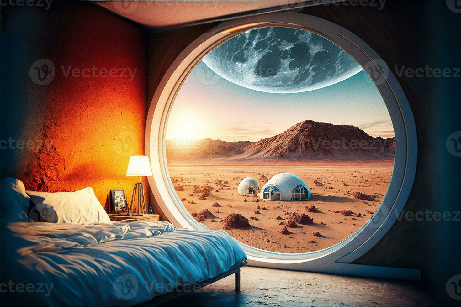 Bedroom with Round Window and View of Mars AI Generated Image 32431917 Stock Photo at Vecteezy