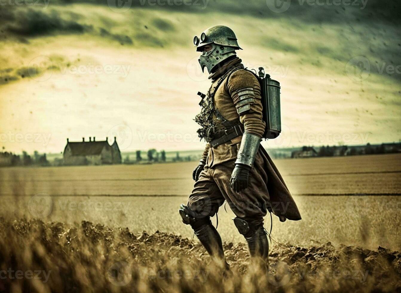 Retrofuturistic Cyborg WWI Soldier on the Battlefield   generative ai photo