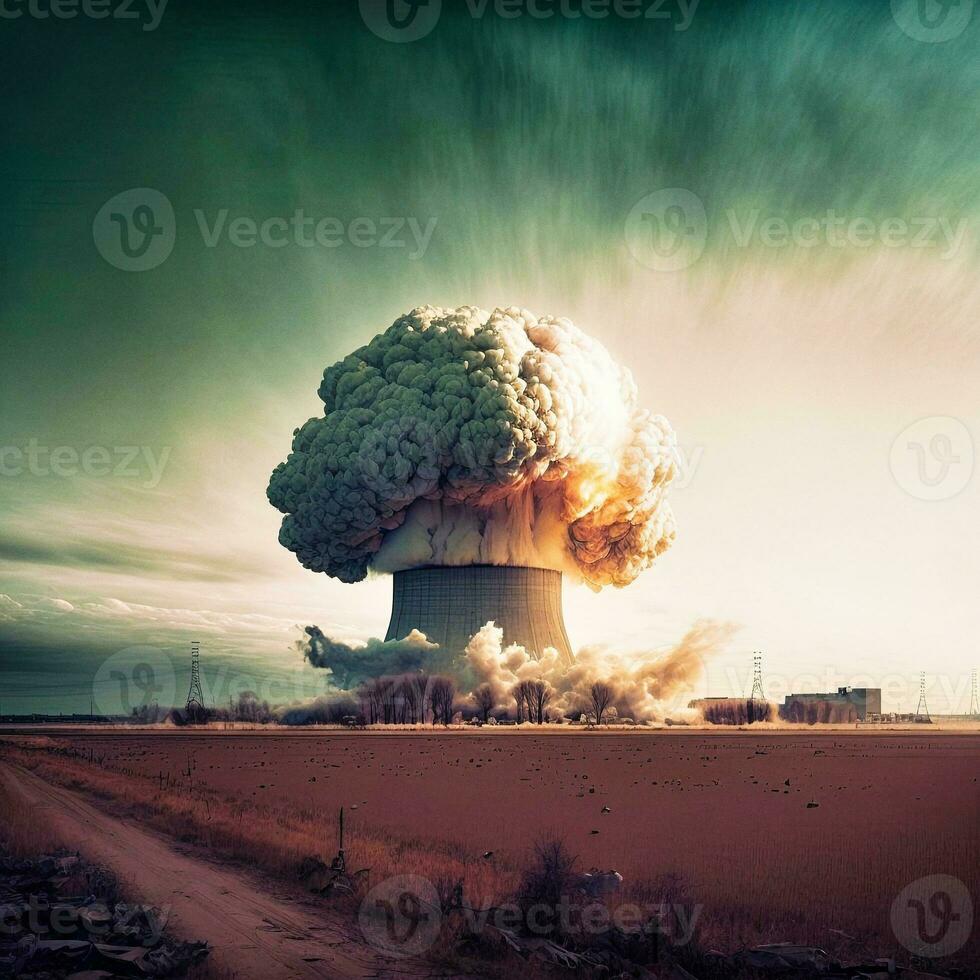 AI Generated Nuclear Plant Explosion Menacing Nuclear Mushroom Cloud photo