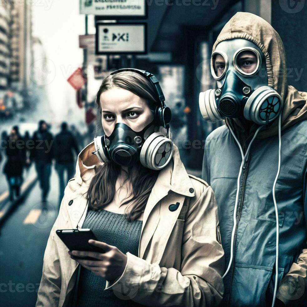 Urban Pollution Masked City Dwellers   generative ai photo