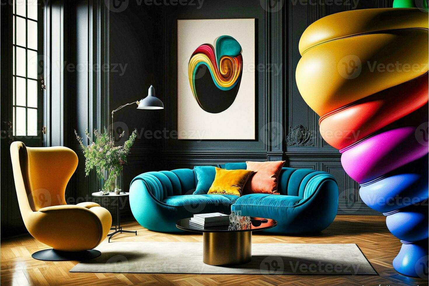 Funky 70s Inspired Living Room   generative ai photo