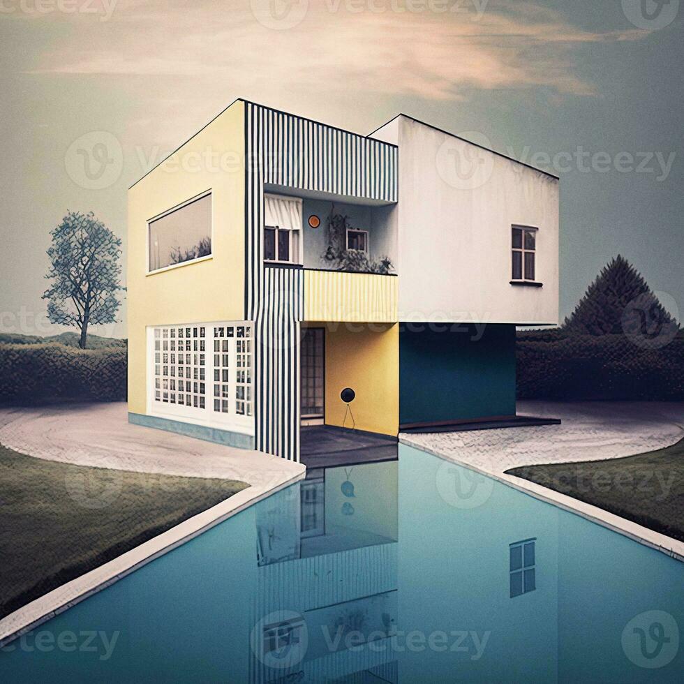 futurista Bauhaus arquitectura ai generado casa reflejando en piscina foto