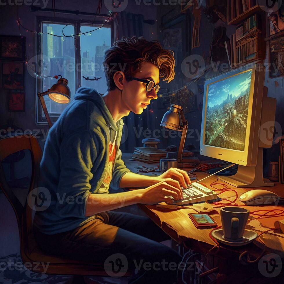 a young nerd in his room facing his computer, colorful comic style drawing   generative AI photo