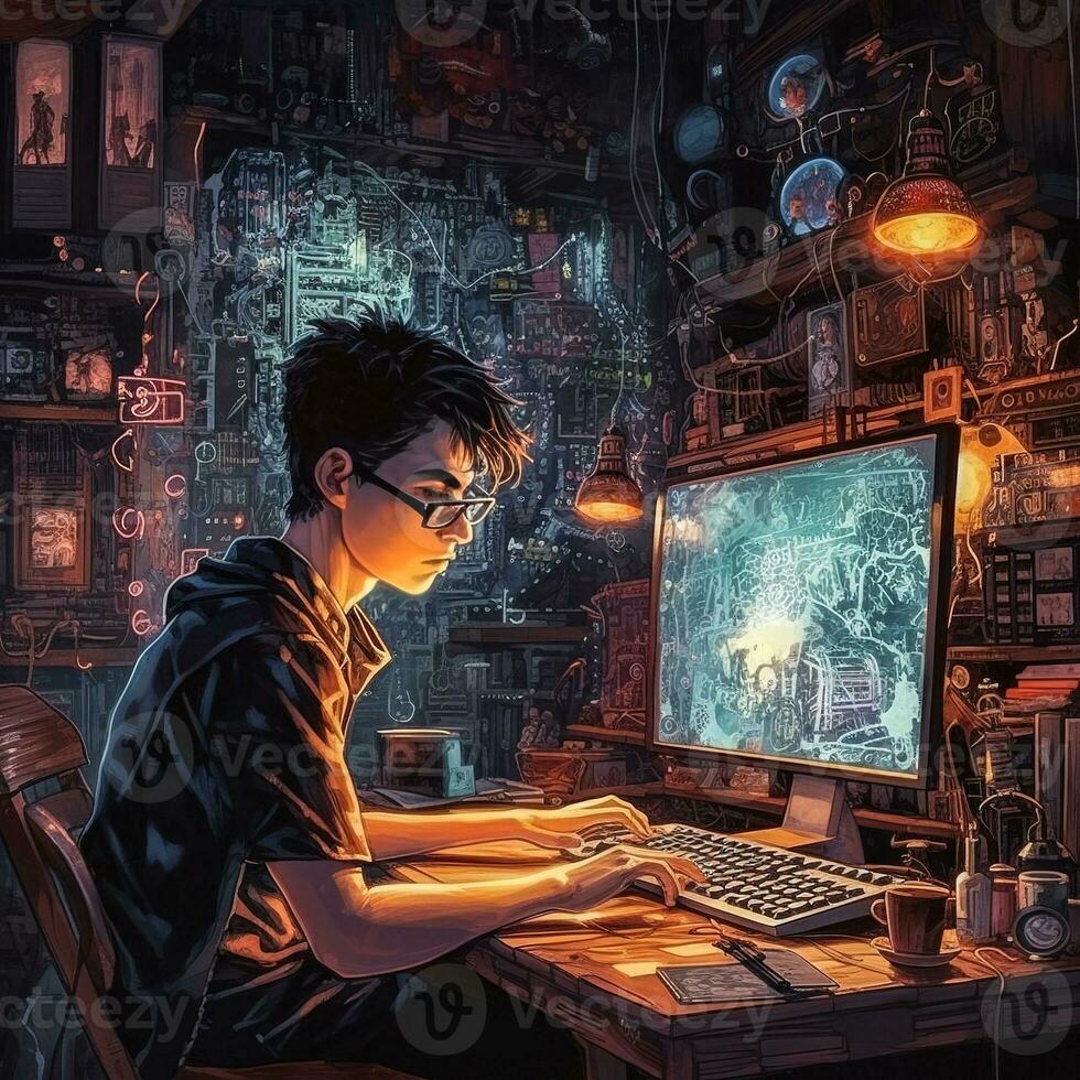 a young nerd in his room facing his computer, colorful comic style drawing   generative AI photo