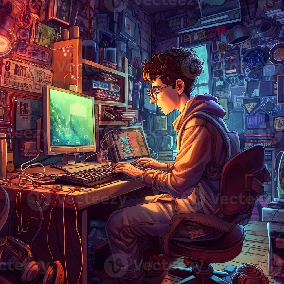 a young nerd in his room facing his computer, colorful comic style drawing   generative AI photo