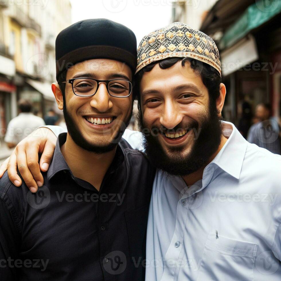 A Jewish and Muslim Friend, Smiling in Jerusalem   generative AI photo