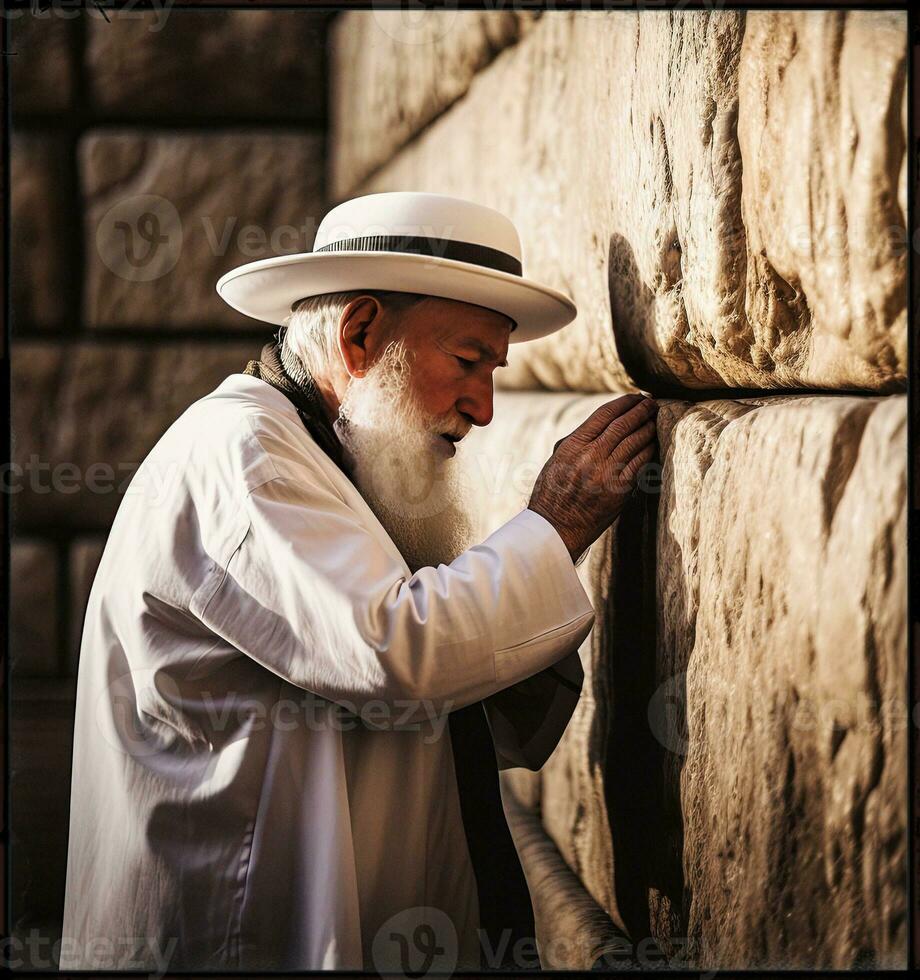 un judío hombre Orando en el occidental pared en Jerusalén generativo ai foto