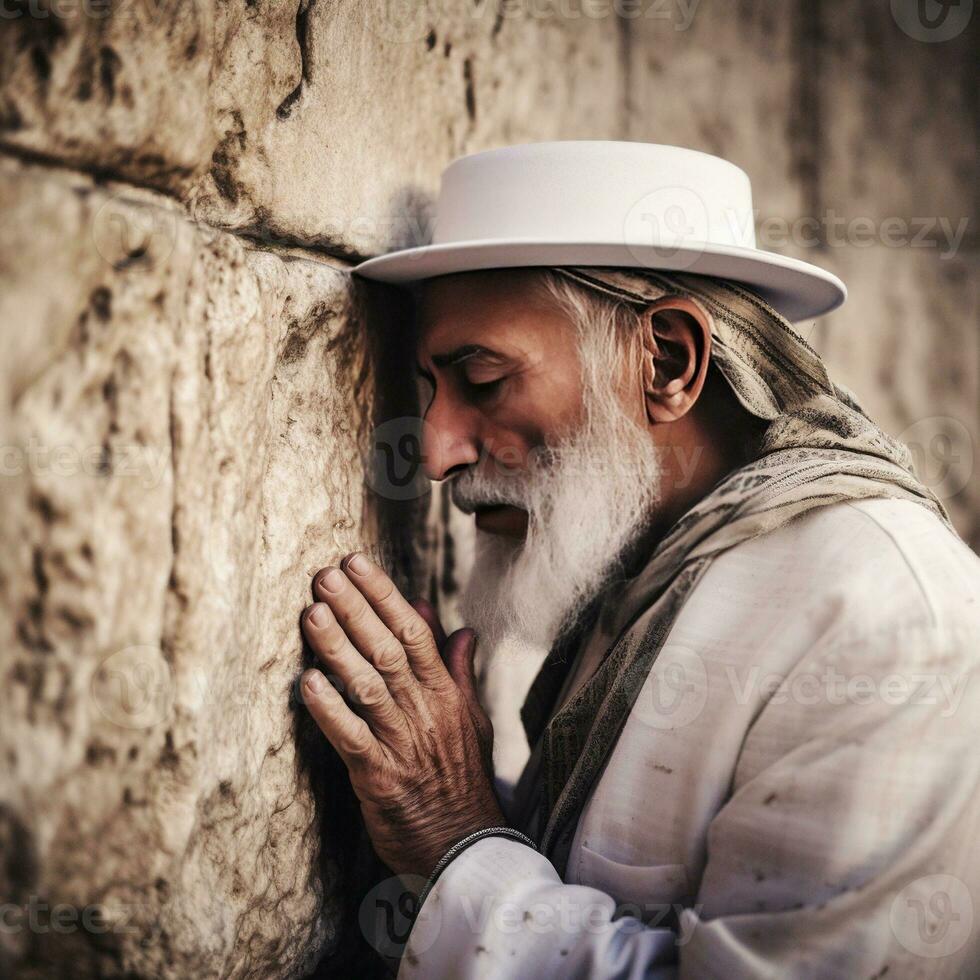 A jewish man praying on the Western Wall in Jerusalem   generative AI photo