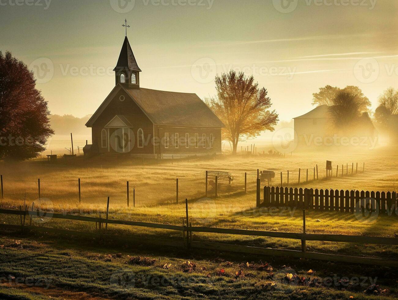 un hermosa amish Iglesia en el americano campo en un brumoso mañana, generativo ai foto