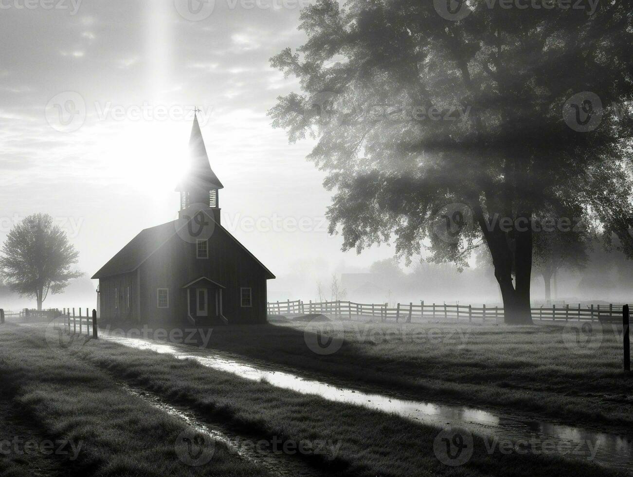 un pequeño Iglesia en el campo en un brumoso Mañana con hermosa luz de sol en frente, negro y blanco foto generativo ai