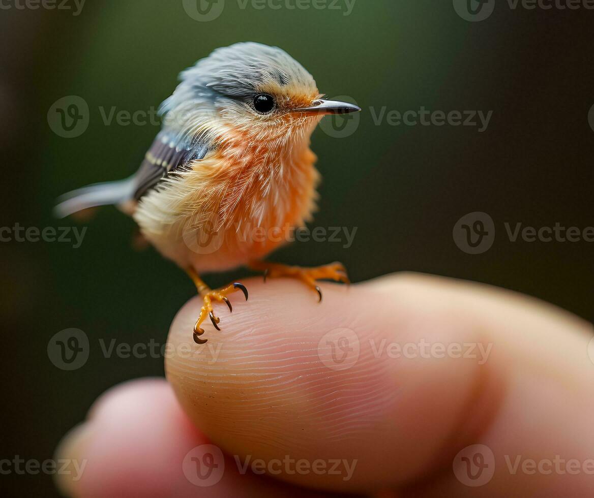 encantador ai generado macro minúsculo pájaro encaramado en un dedo foto