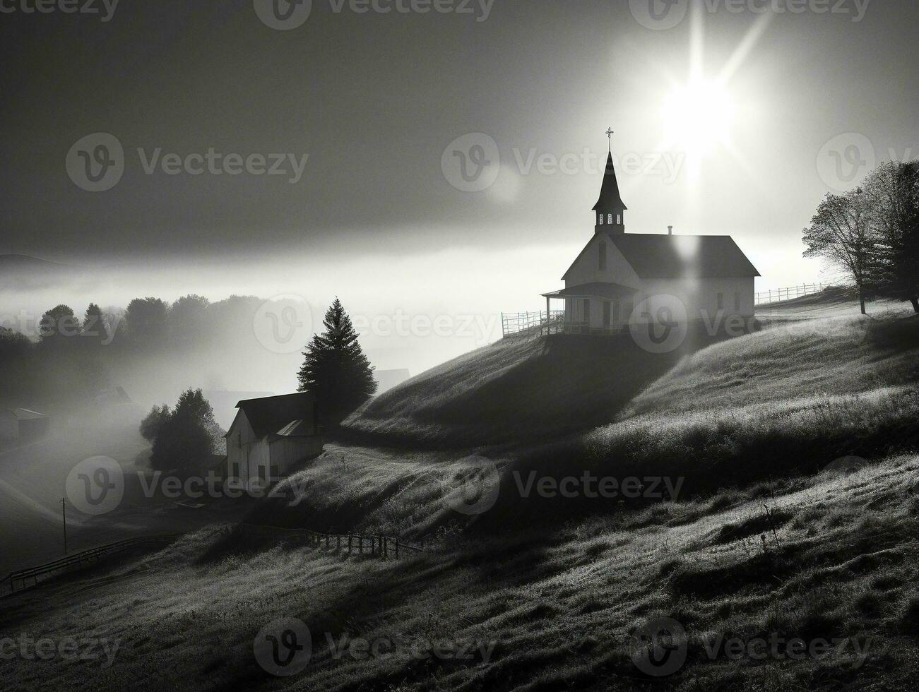 A small church in the countryside on a foggy morning with beautiful sunlight in front, black and white photo   generative ai