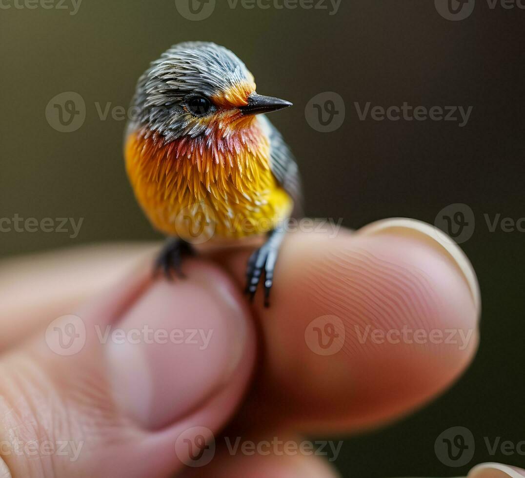 Enchanting AI Generated Macro Tiny Bird Perched on a Finger photo