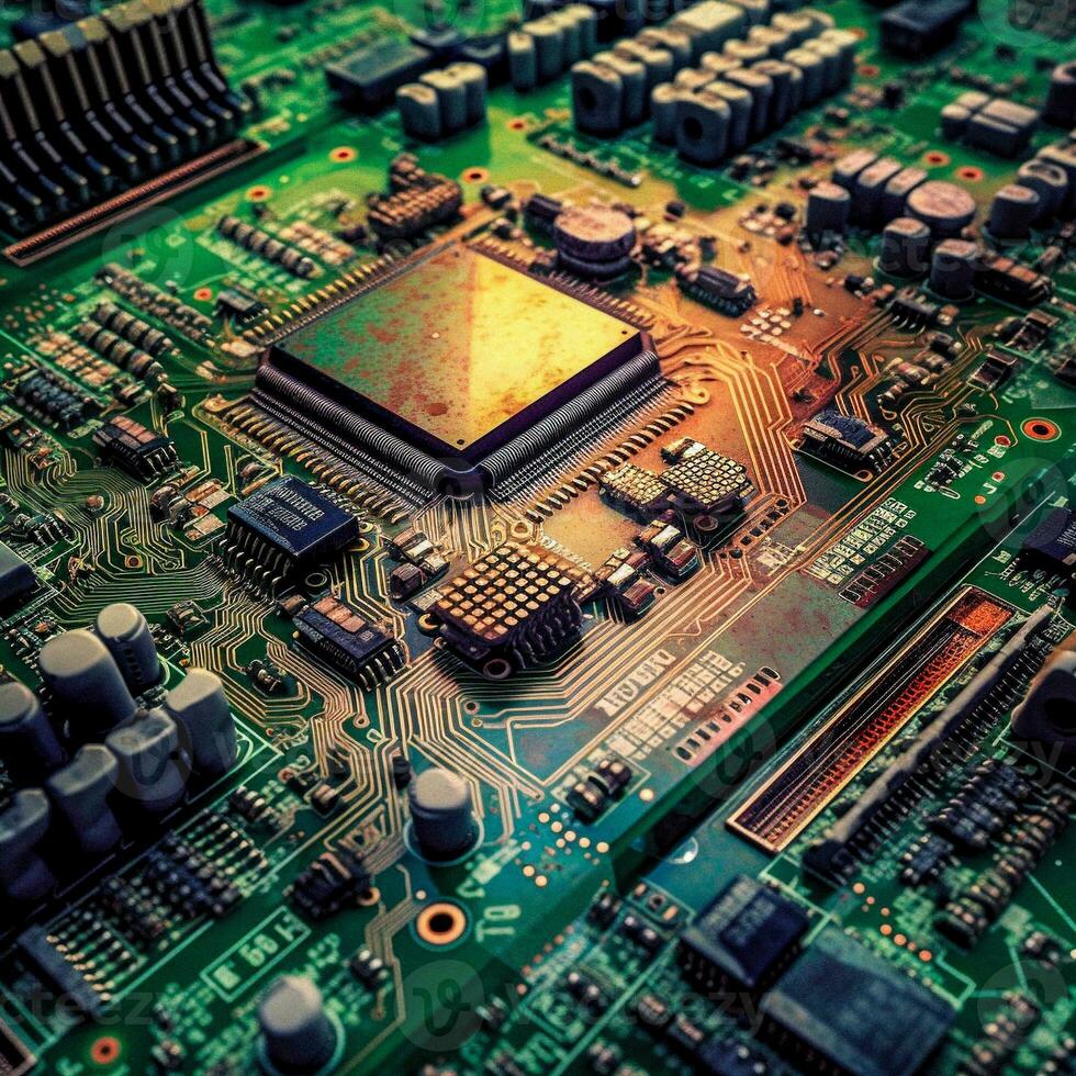 Close up Photo of Electronic Circuits on a Motherboard   generative AI