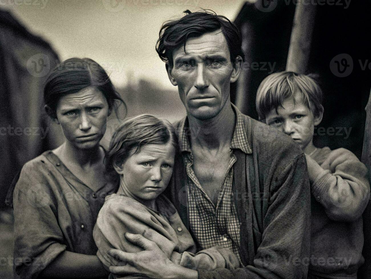 Black and white photo capturing the struggles of a poor family during the Great Depression   generative ai