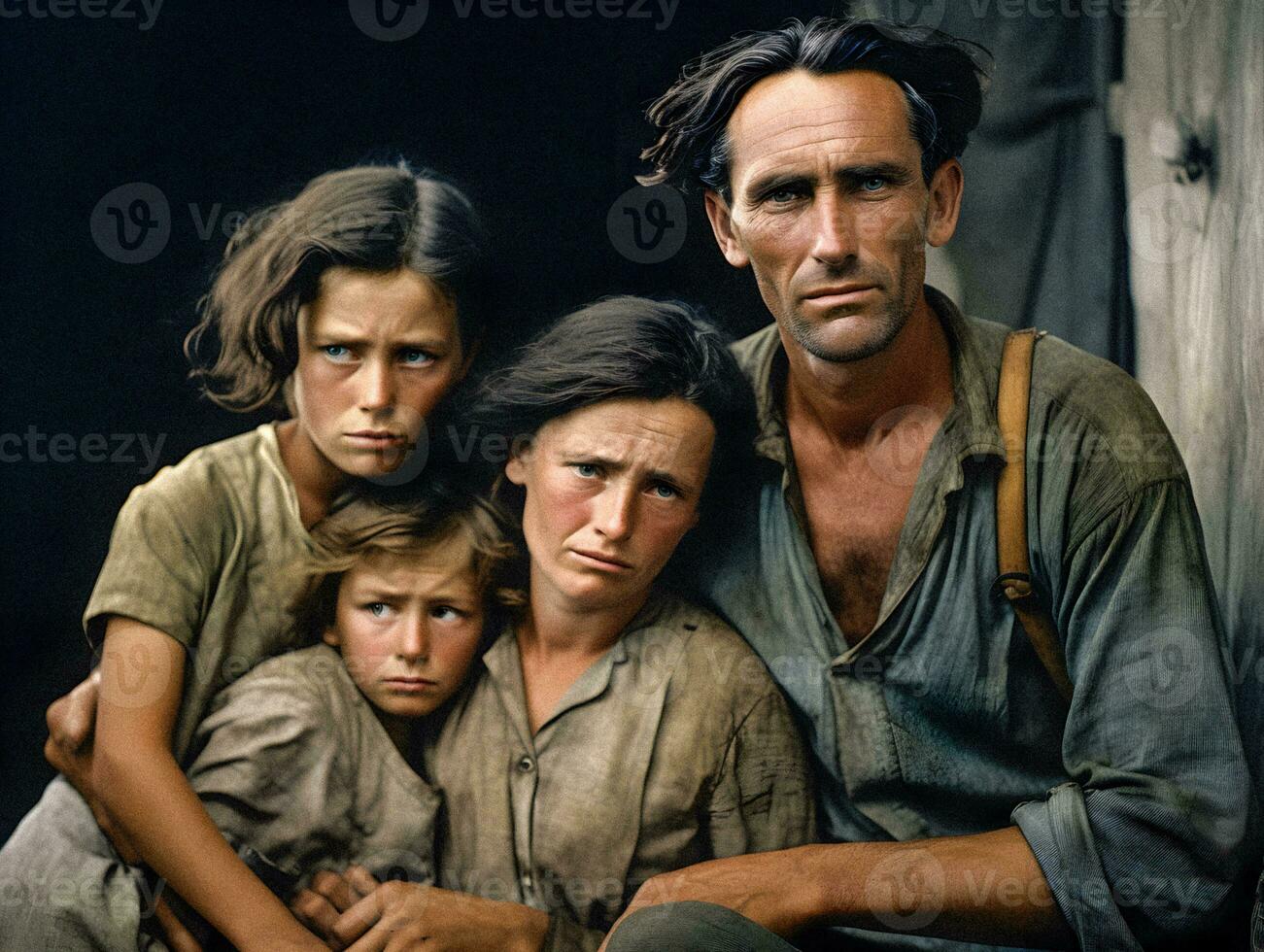 Fighting Invisible Battles   A destitute family grappling with despair in the heart of the Great Depression   generative ai photo