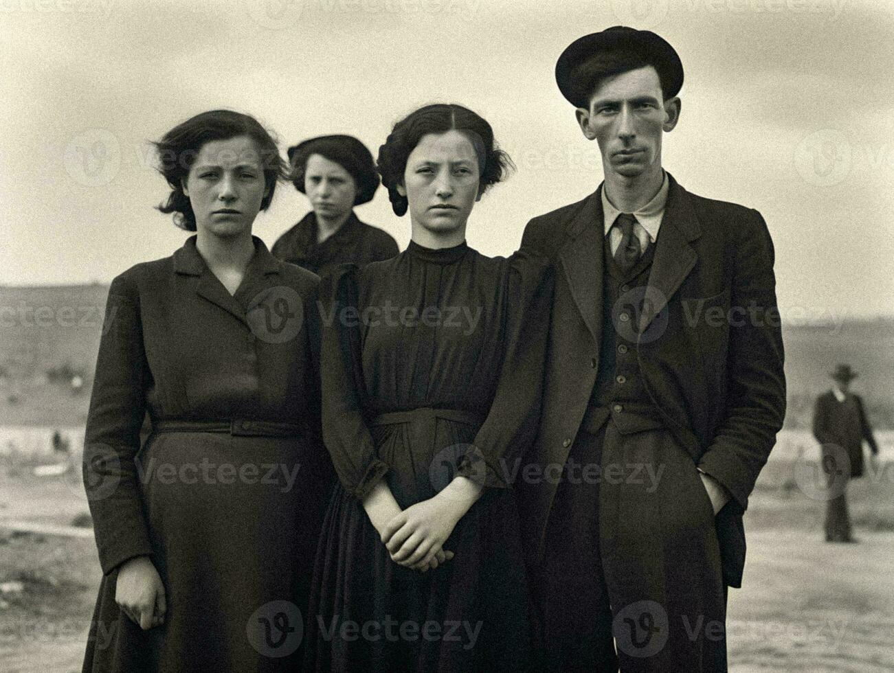 Grief Unveiled Family in Mourning Amidst the Shadows. A solemn family, draped in mourning black, gathers at a cemetery during the 30s Great Depression.   generative ai photo