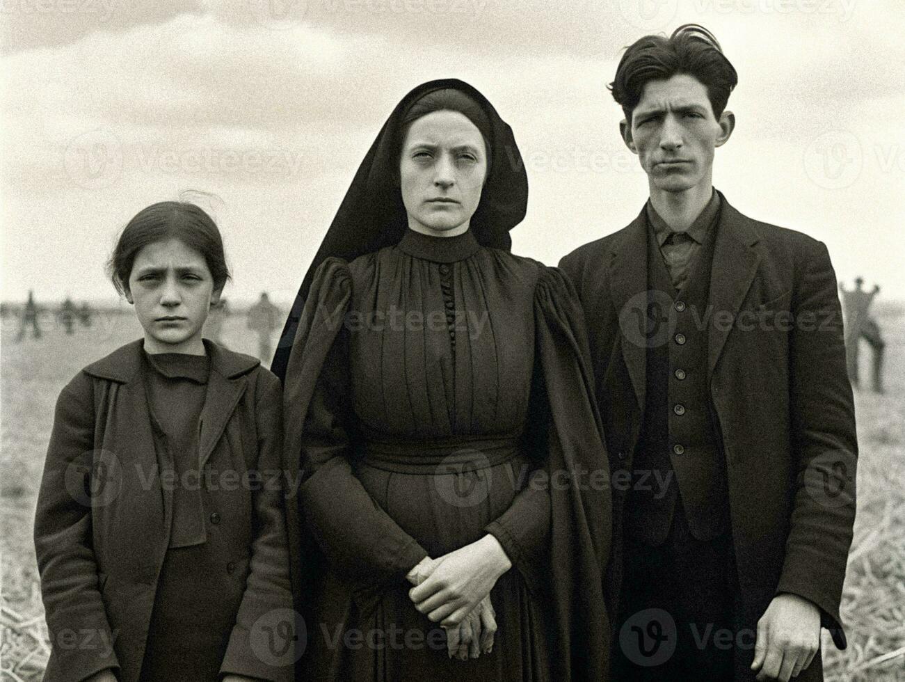Grief Unveiled Family in Mourning Amidst the Shadows. A solemn family, draped in mourning black, gathers at a cemetery during the 30s Great Depression.   generative ai photo