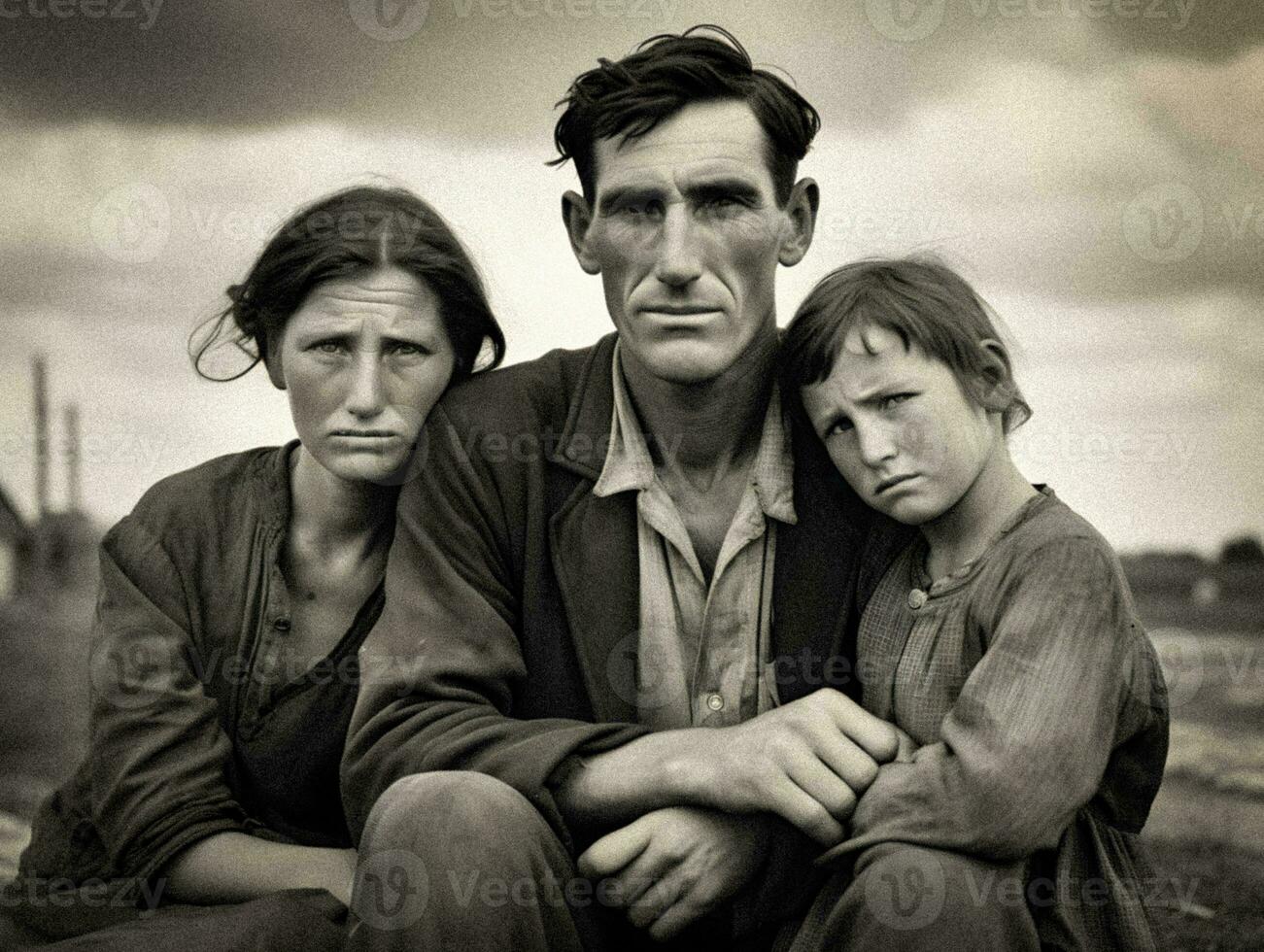 negro y blanco foto capturar el luchas de un pobre familia durante el genial depresión generativo ai