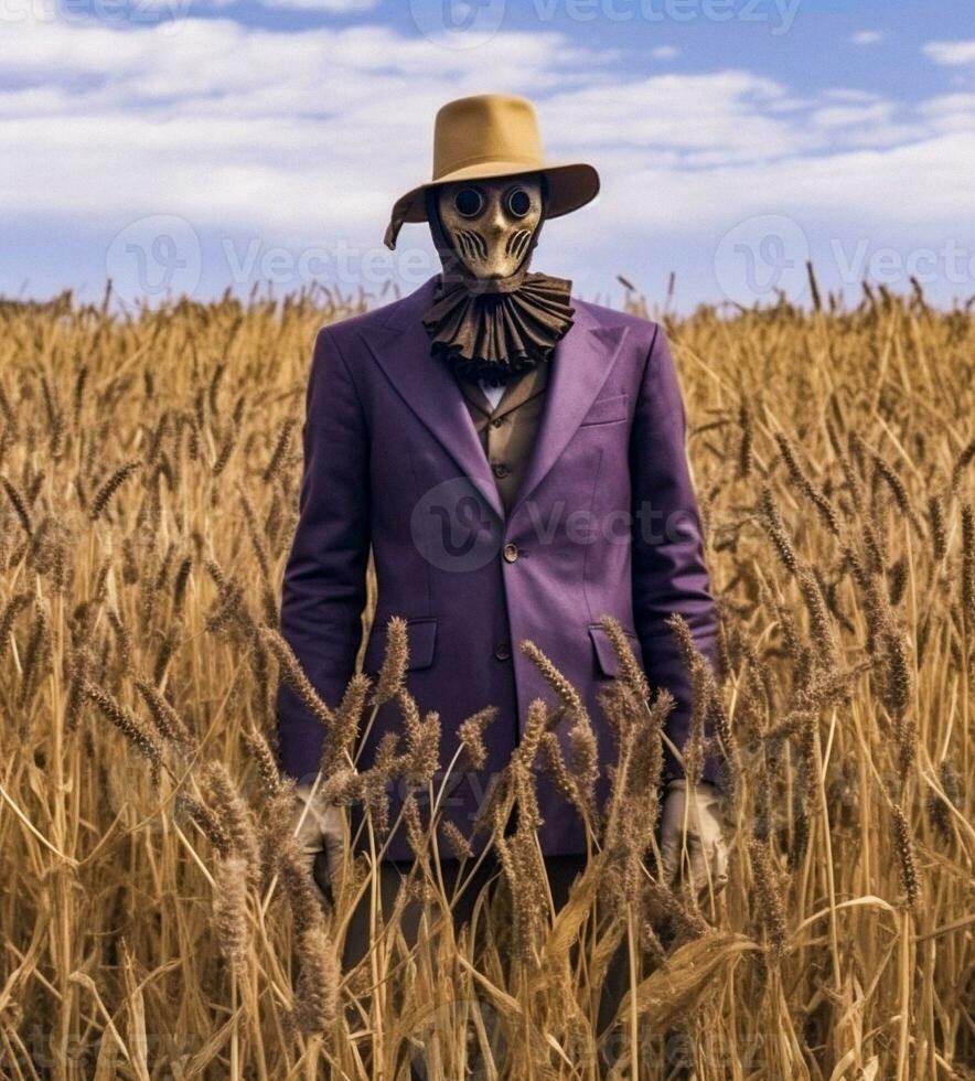 A Menacing Scarecrow in a Wheat Field   generative AI photo