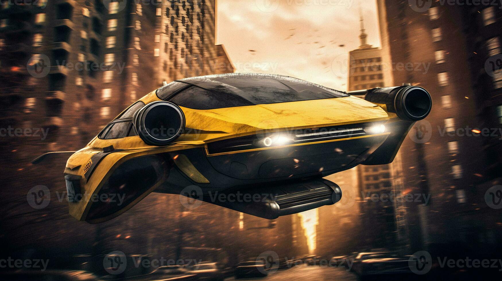 Futuristic Yellow Flying Cab Soaring Over Manhattan   generative ai photo