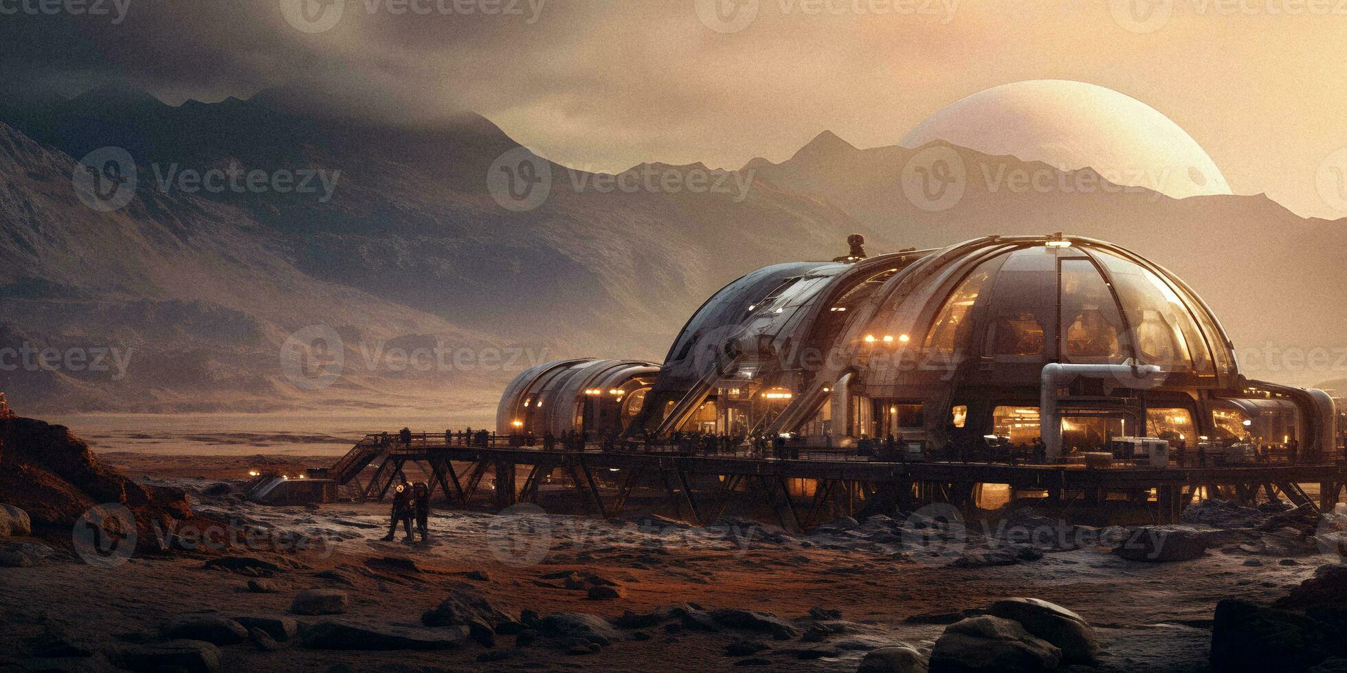 Human Colony on Mars Red Horizon Settlement   generative ai photo