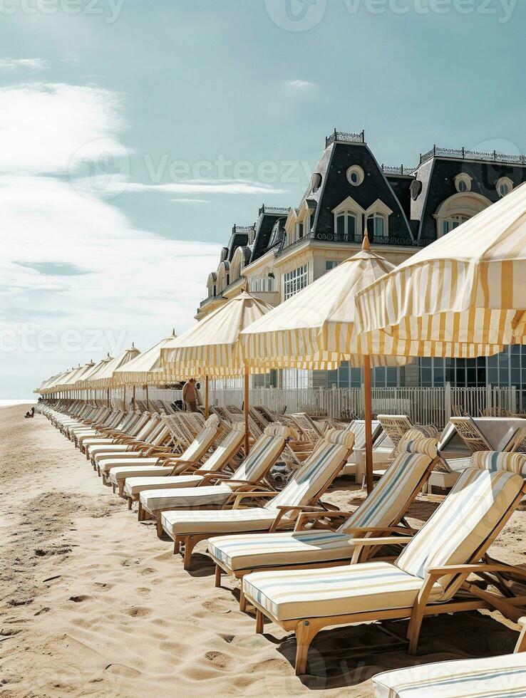 beach umbrellas and lounge chairs on a normandy beach in Cabourg style   generative AI photo