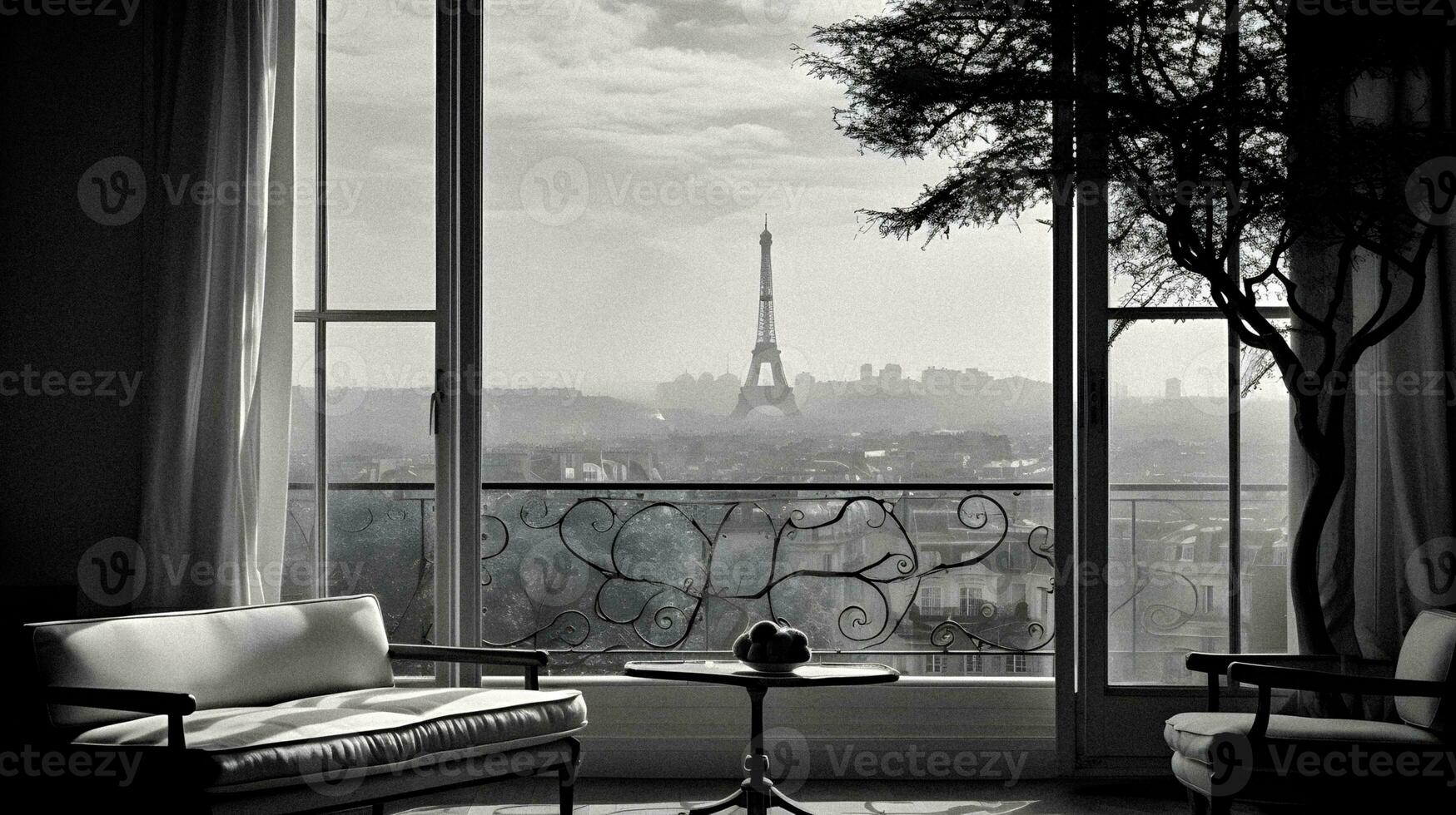 Luxury Minimalistic Living Room with Eiffel Tower View   generative ai photo