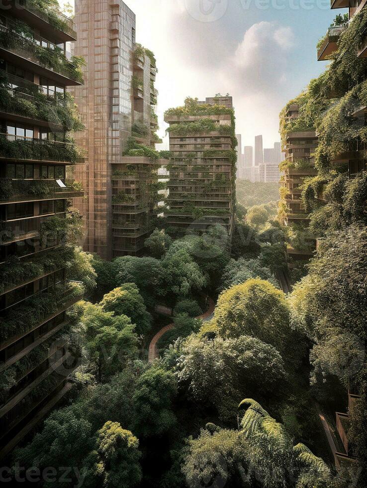 Skyscrapers and Lush Vegetation A Harmonious Blend of Nature and Urban Architecture   generative AI photo