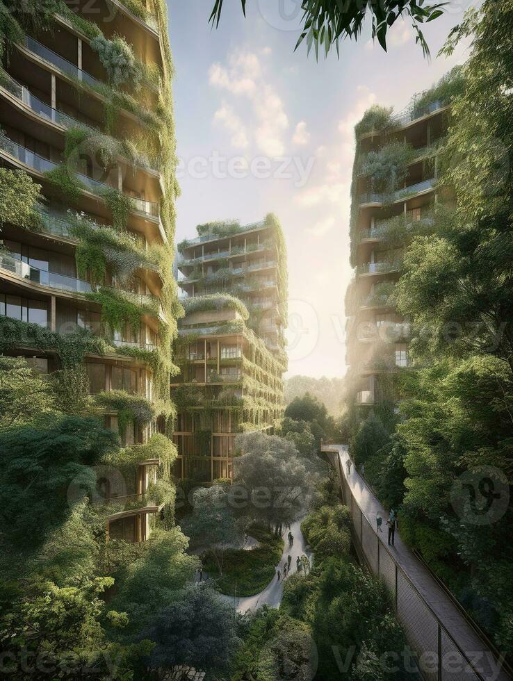 Skyscrapers and Lush Vegetation A Harmonious Blend of Nature and Urban Architecture   generative AI photo