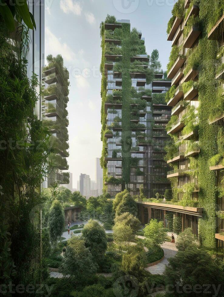 Skyscrapers and Lush Vegetation A Harmonious Blend of Nature and Urban Architecture   generative AI photo