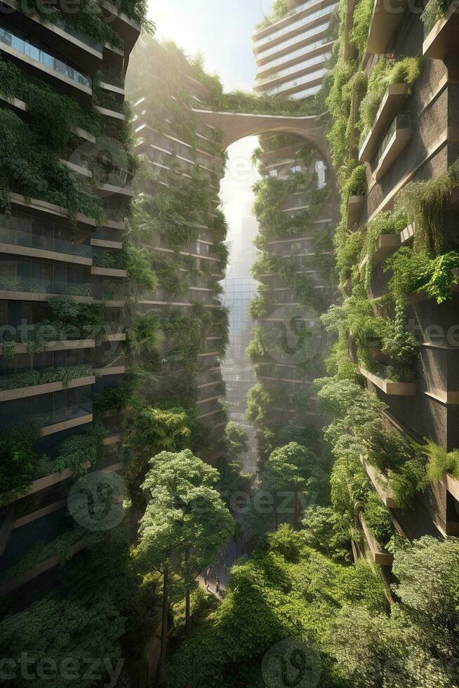 Skyscrapers and Lush Vegetation A Harmonious Blend of Nature and Urban Architecture   generative AI photo