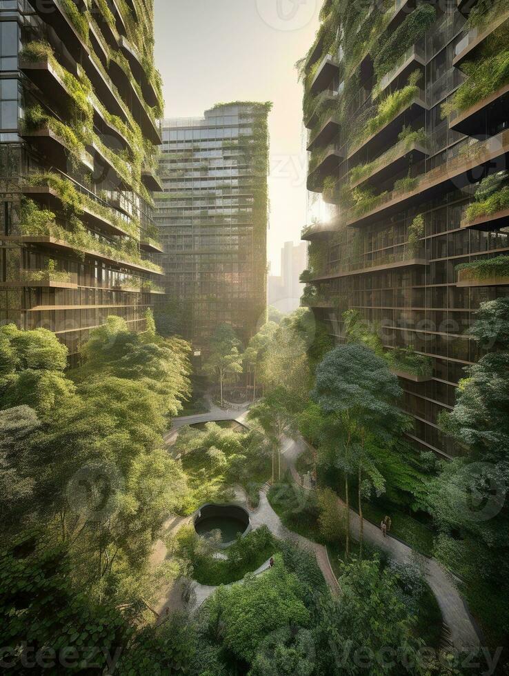 Skyscrapers and Lush Vegetation A Harmonious Blend of Nature and Urban Architecture   generative AI photo