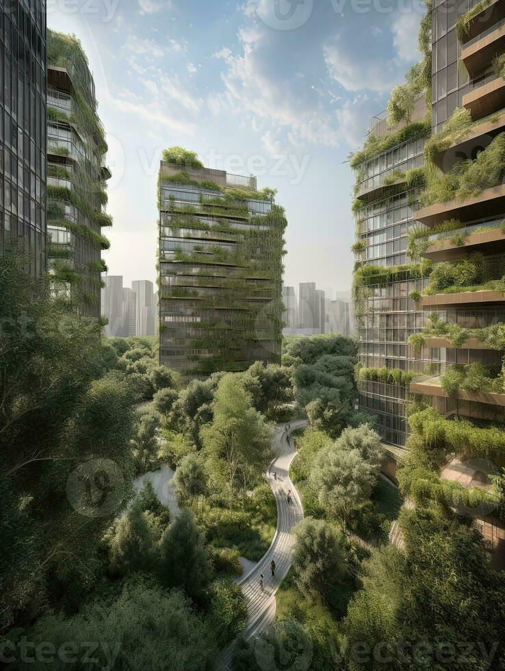 Skyscrapers and Lush Vegetation A Harmonious Blend of Nature and Urban Architecture   generative AI photo