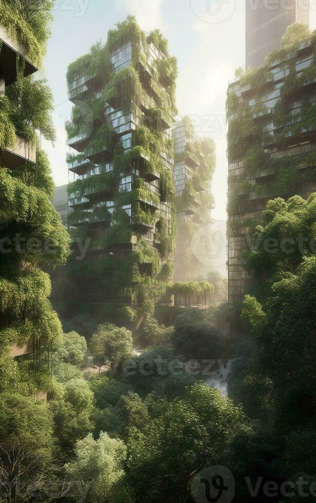 Skyscrapers and Lush Vegetation A Harmonious Blend of Nature and Urban Architecture   generative AI photo