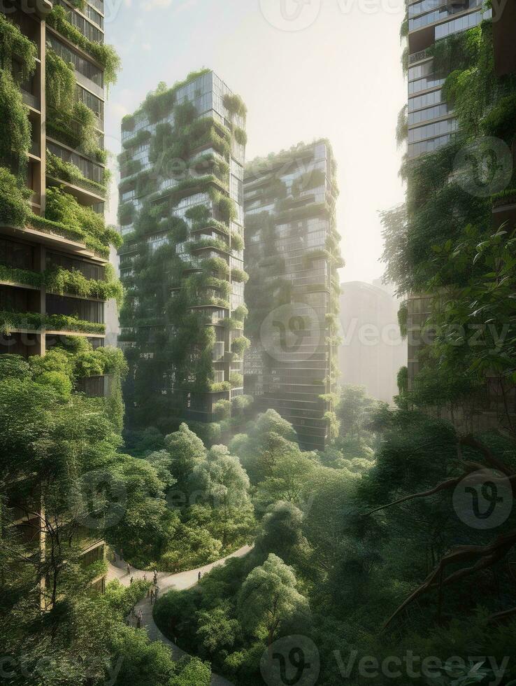 Skyscrapers and Lush Vegetation A Harmonious Blend of Nature and Urban Architecture   generative AI photo