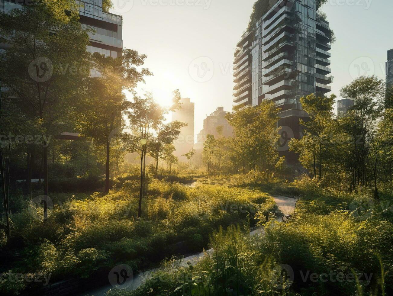 Skyscrapers and Lush Vegetation A Harmonious Blend of Nature and Urban Architecture   generative AI photo