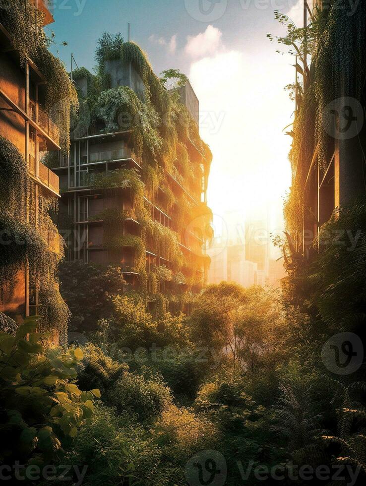Skyscrapers and Lush Vegetation A Harmonious Blend of Nature and Urban Architecture   generative AI photo