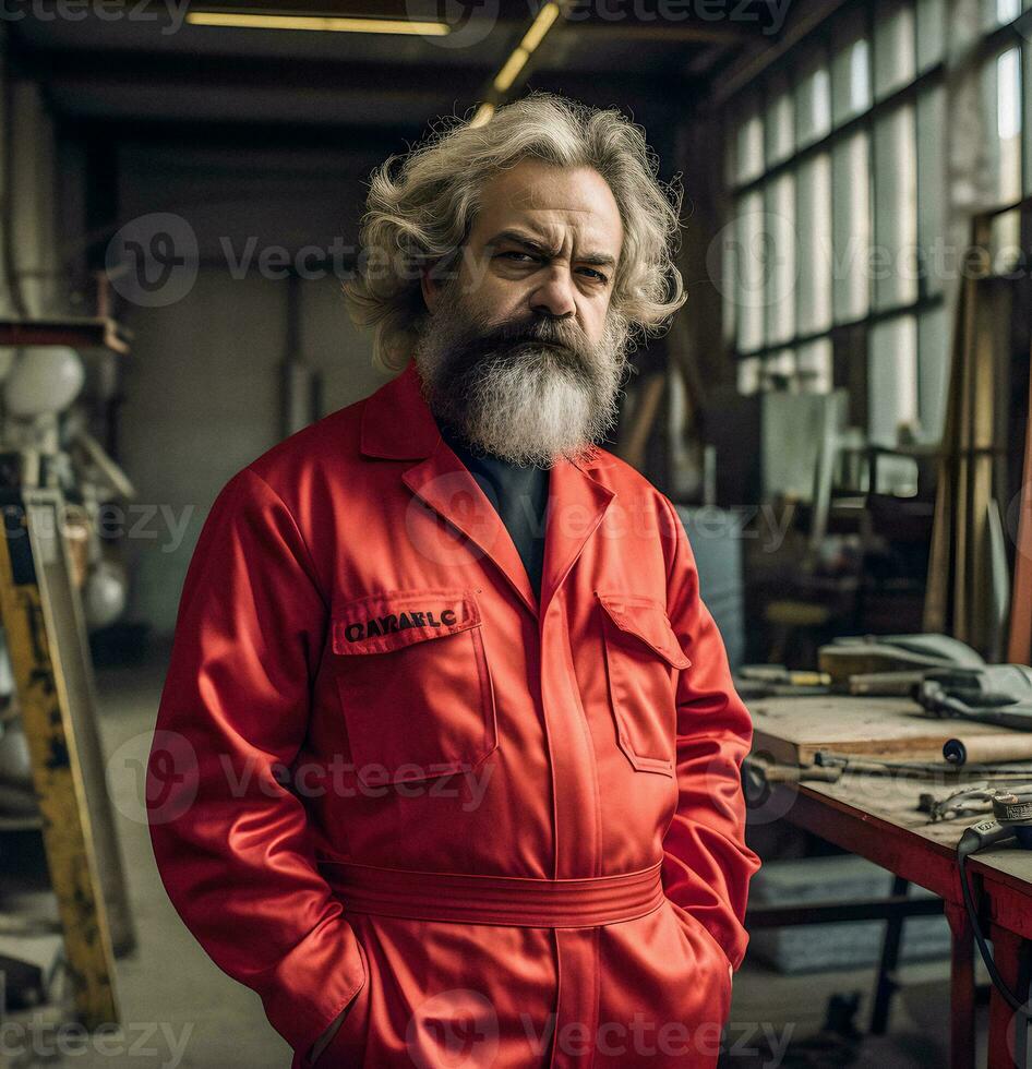 Neo Marx A Generative Portrait of Karl Marx in Contemporary Labor Attire photo