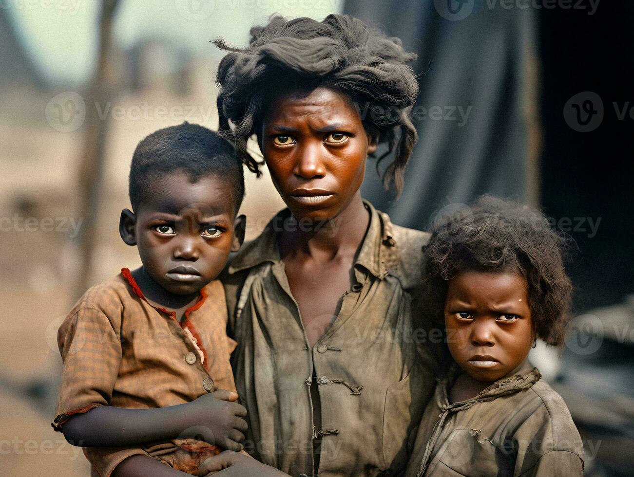 Resiliencia en medio de privación un pobre negro familia durante el 1930 genial depresión generativo ai foto