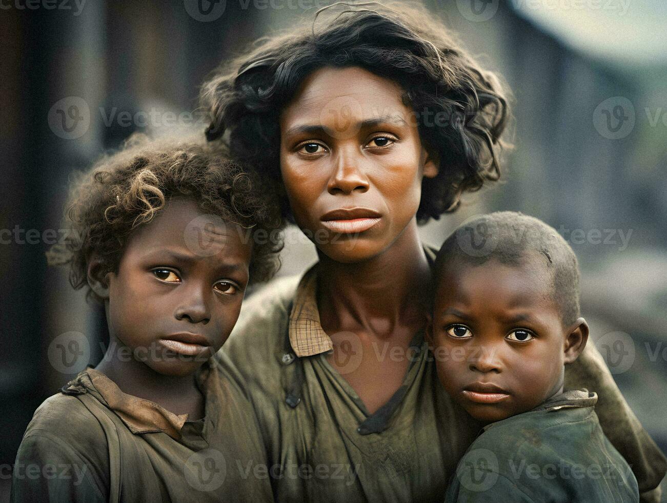 Resiliencia en medio de privación un pobre negro familia durante el 1930 genial depresión generativo ai foto
