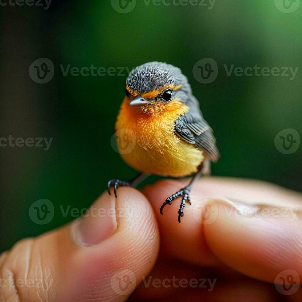 Microcosmic Harmony Generative AI Captures Delicate Bird Perched on Finger photo