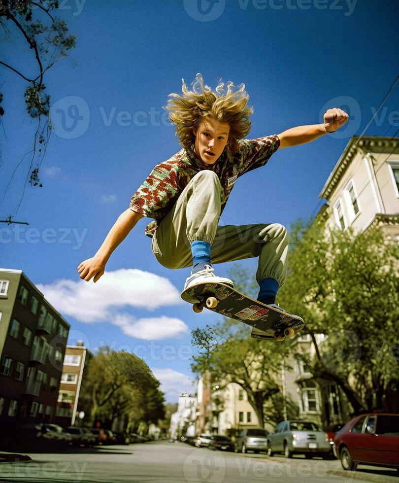 90s Vibe Dynamic Skateboarding Pose by Teenager   generative ai photo