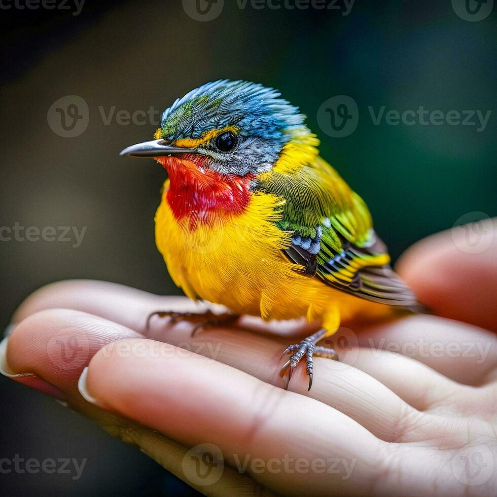 Microcosmic Harmony Generative AI Captures Delicate Bird Perched on Finger photo
